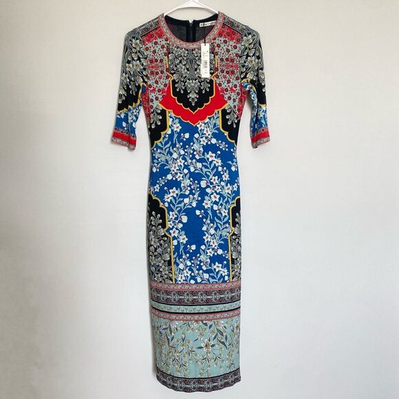 Alice + Olivia Delora Fitted Mock Neck Floral Midi Dress Palace Daffodil 2 NWT - Picture 6 of 13